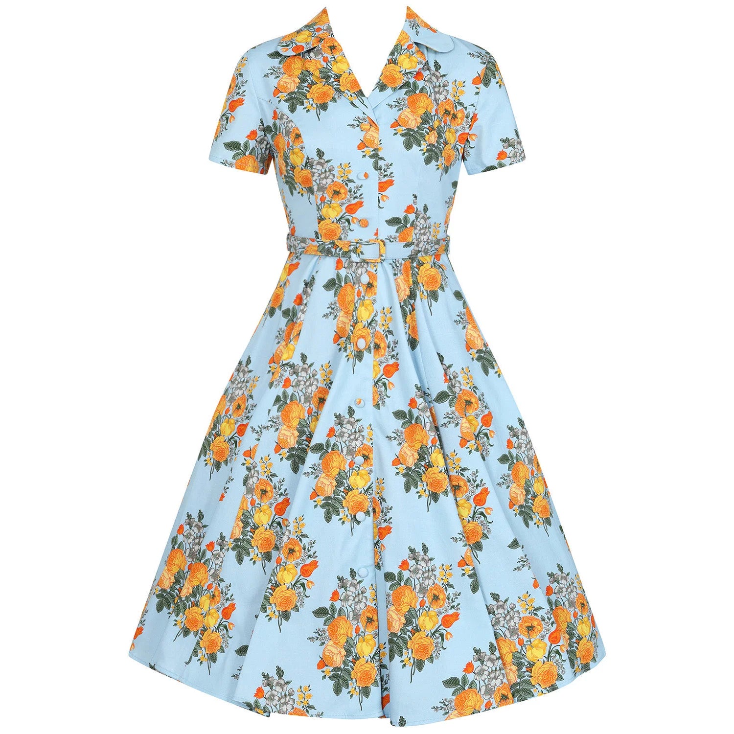 Sky Blue And Yellow Floral Print 50s Swing Tea Dress