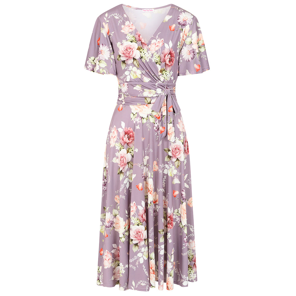 Lilac Floral Print Cap Sleeve V Neck Wrap Top Swing Dress