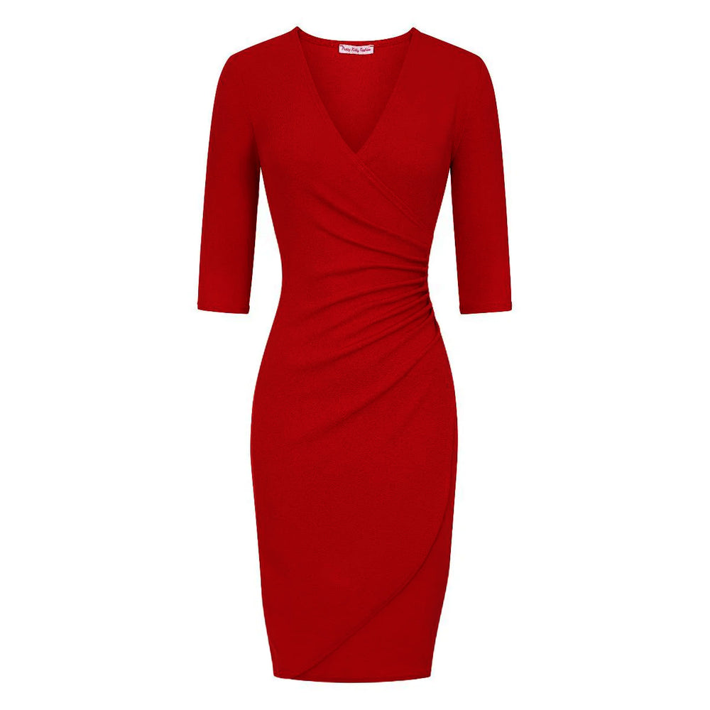 Red 3/4 sleeve deep V neck ruched detail wrap effect pencil dress