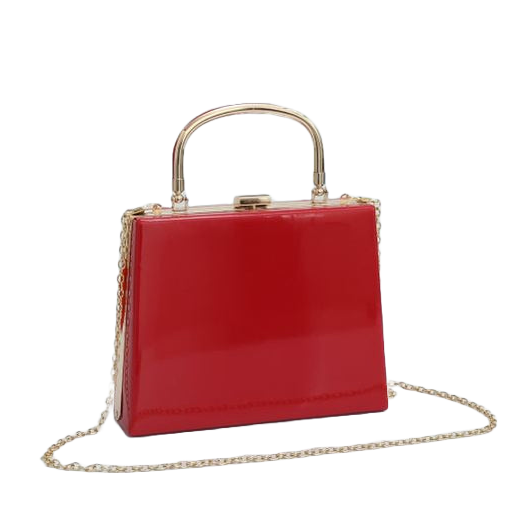 Lipstick Red Patent Handbag With Gold Clasp and Chain Detail Shoulder Strap