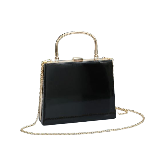 Black Patent Handbag With Gold Clasp and Chain Detail Shoulder Strap