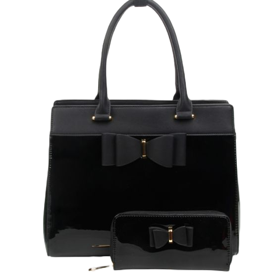 Black Patent Duo Handbag and Purse Set with Bow Detail