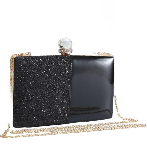 Black Patent and Glitter Clutch Handbag with Detachable Strap