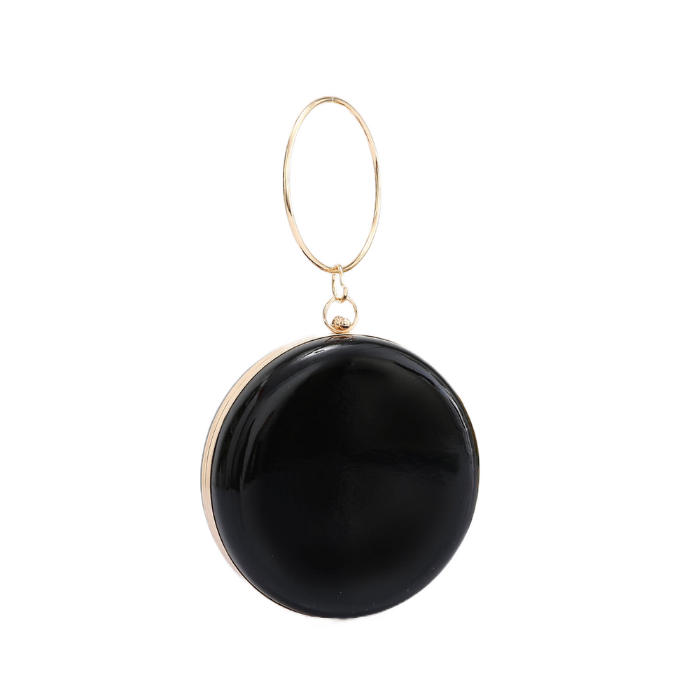 Black Round Clutch Bag With Gold Handle and Clasp