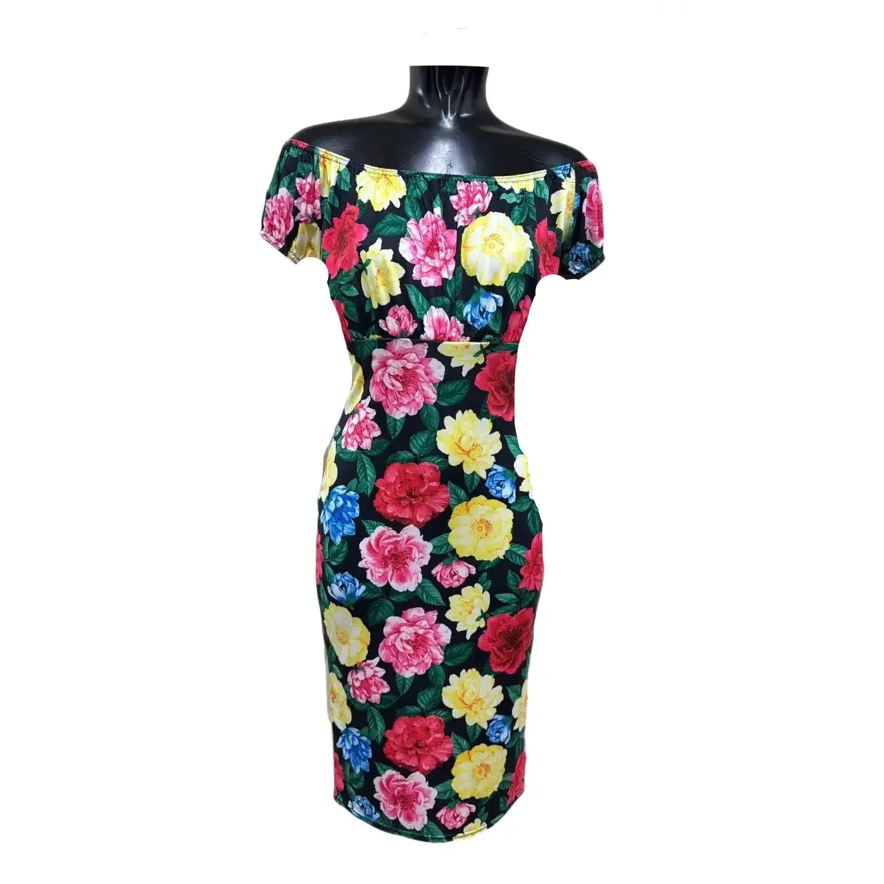 Black Rose Print Elasticated Top Off Shoulder Wiggle Pencil Dress