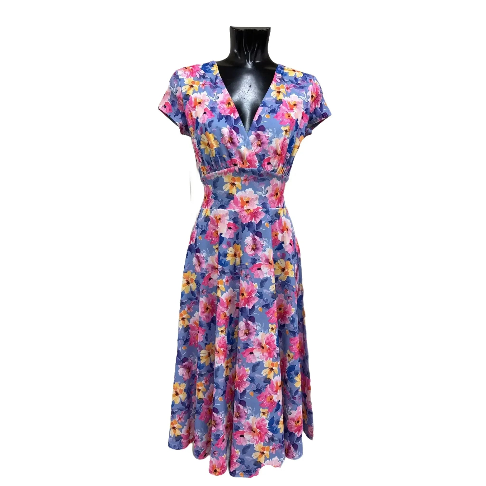 Blue With Pink And Yellow Flowers Floral Wrap Top A Line Swing Tea Dress With Cap Sleeves