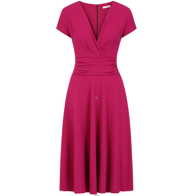 Amaranth Deep V Neck A Line Vintage Ruched Waist Capped Sleeve Swing Bridesmaid Midi Dress