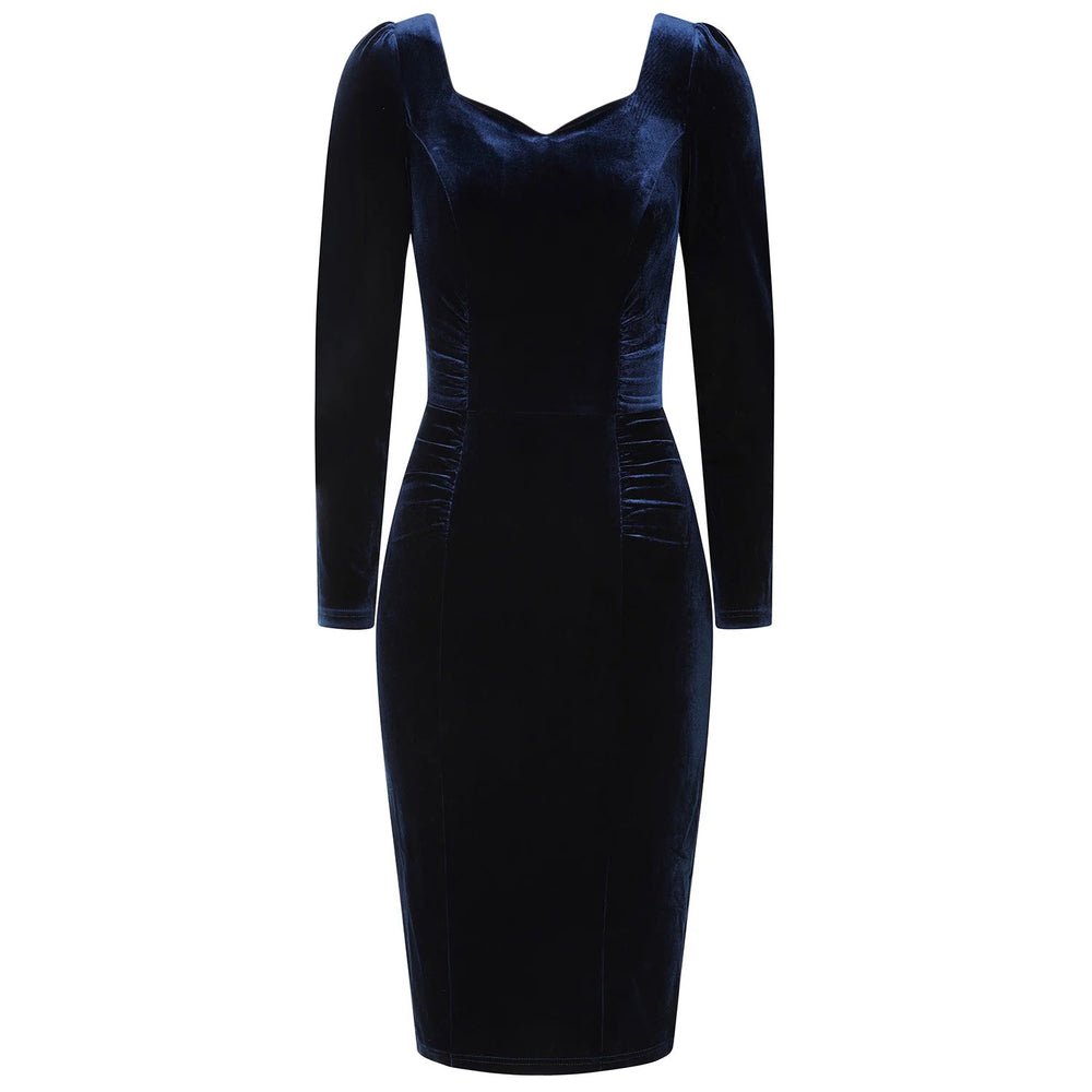 Navy Velvet Long Sleeve Sweetheart Wiggle Dress