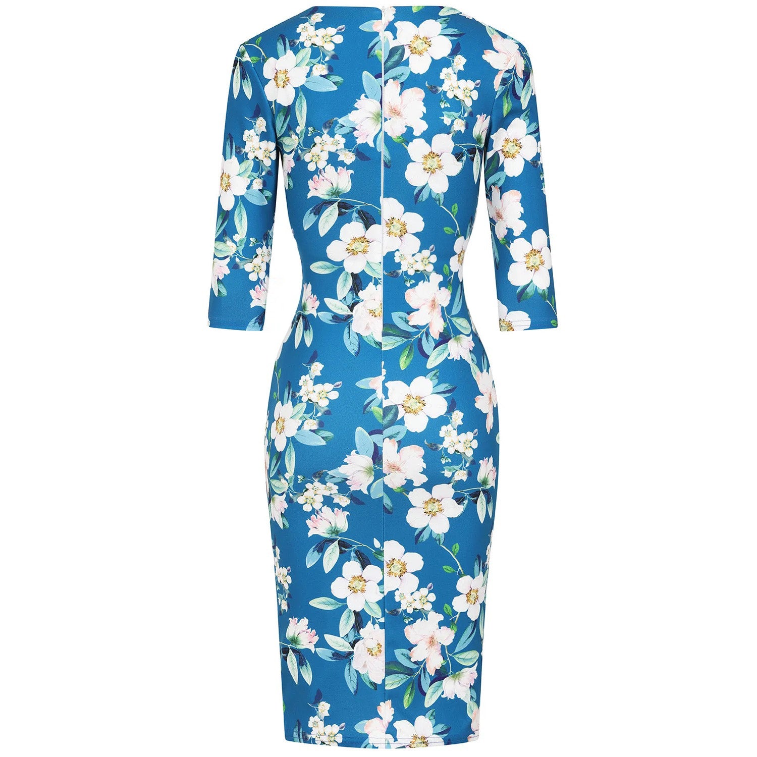 Teal Floral Print 40s 3/4 Sleeve Wiggle Wrap Dress