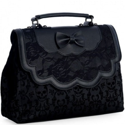 Black Retro Rose Embossed Scalloped Bow Handbag With Chain Shoulder Strap