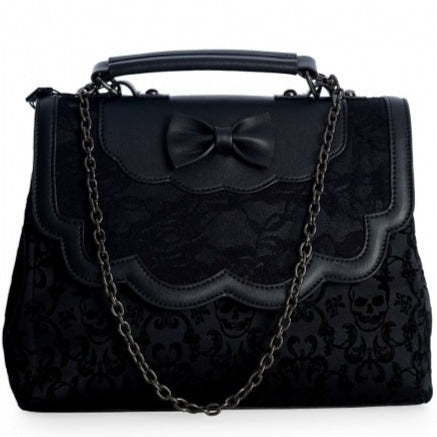 Black Retro Rose Embossed Scalloped Bow Handbag With Chain Shoulder Strap