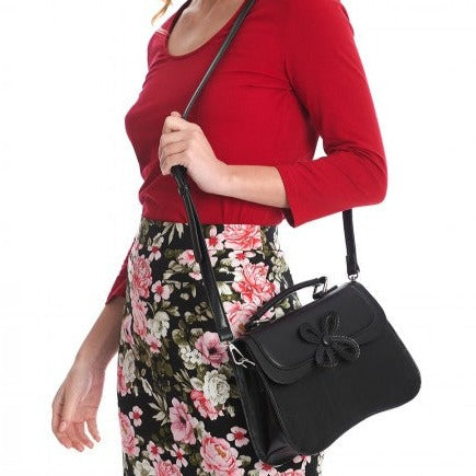 Black Handbag with Flower Applique Detail Handbag