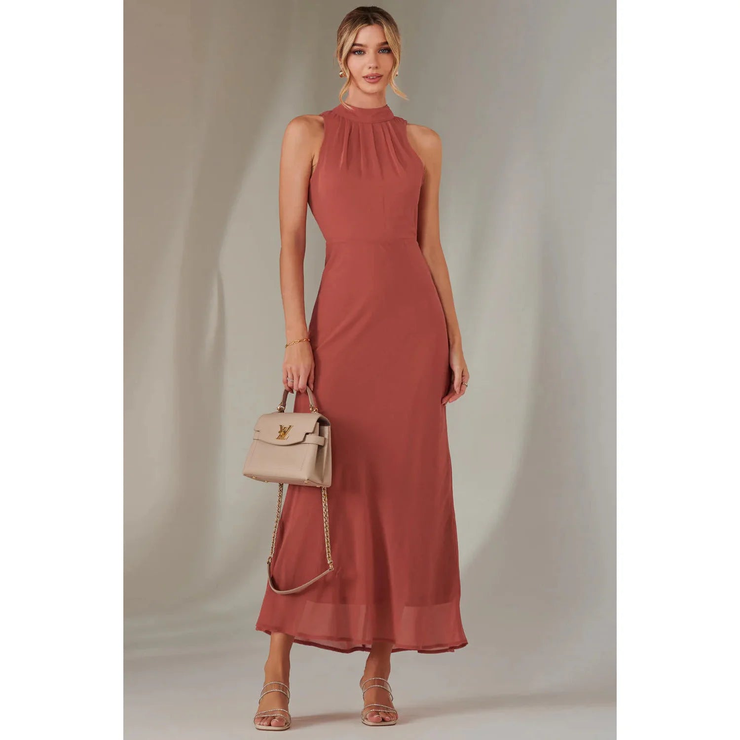 Jolie Moi High Neck Sleeveless Openback Chiffon Coral Bridesmaid Maxi Dress