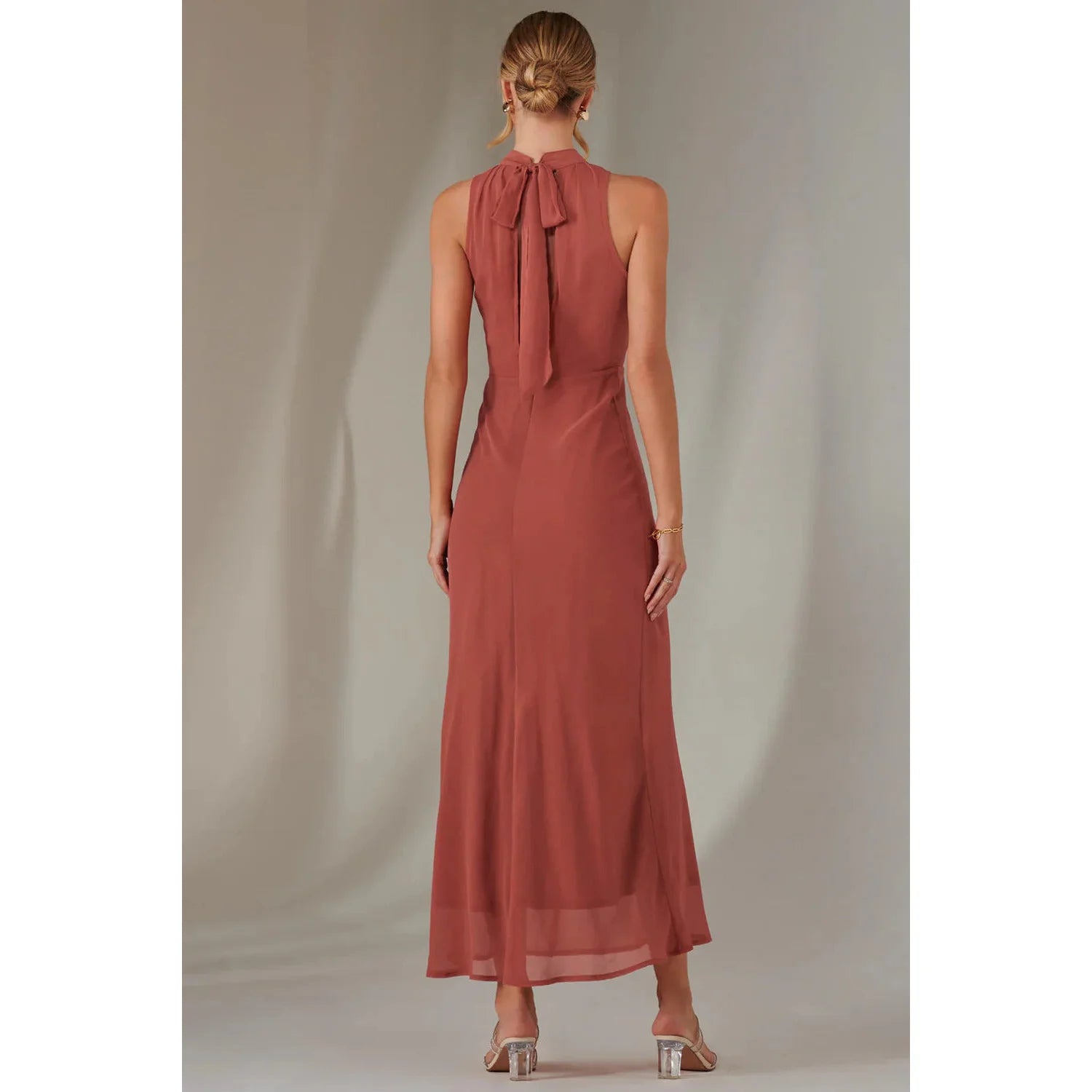 Jolie Moi High Neck Sleeveless Openback Chiffon Coral Bridesmaid Maxi Dress