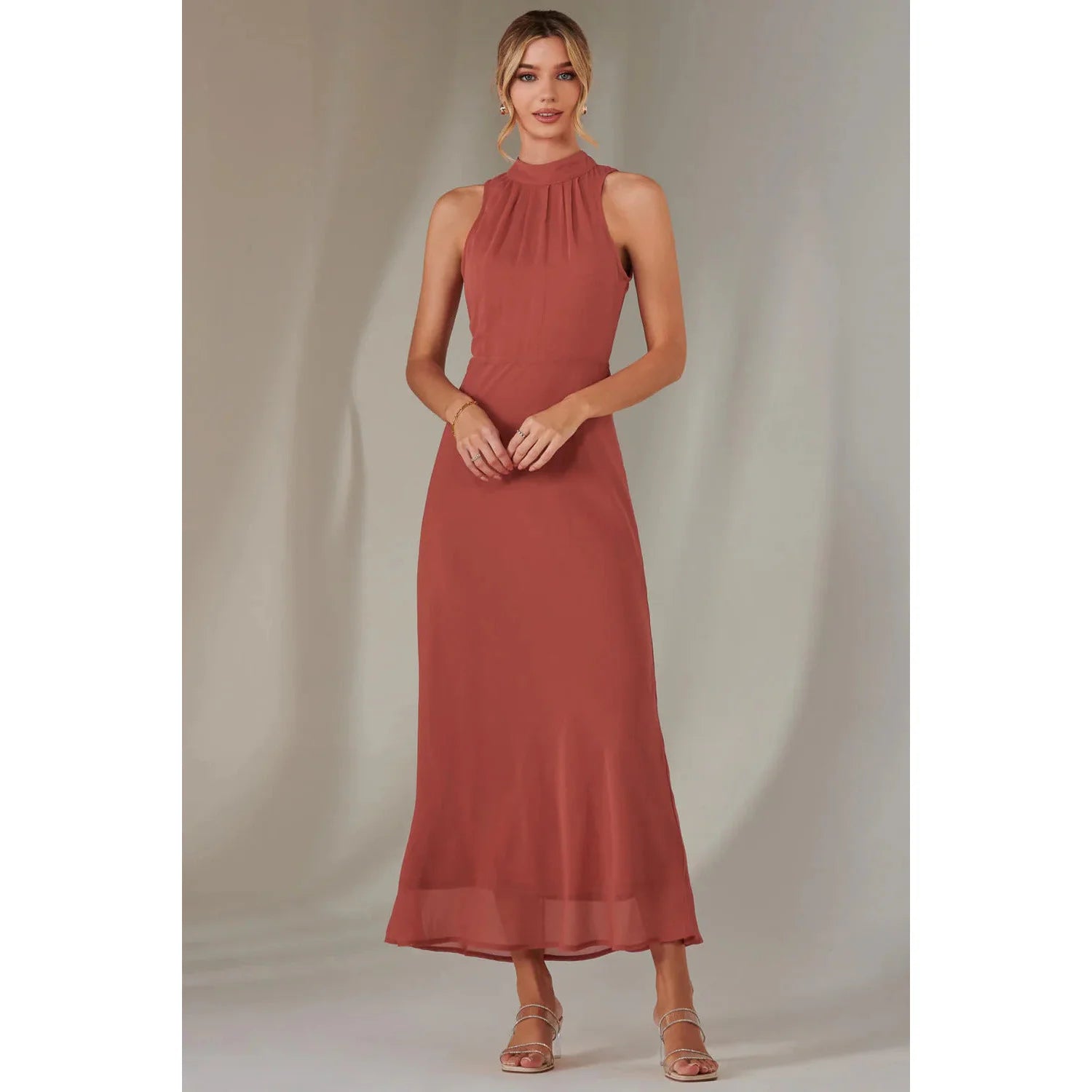 Jolie Moi High Neck Sleeveless Openback Chiffon Coral Bridesmaid Maxi Dress