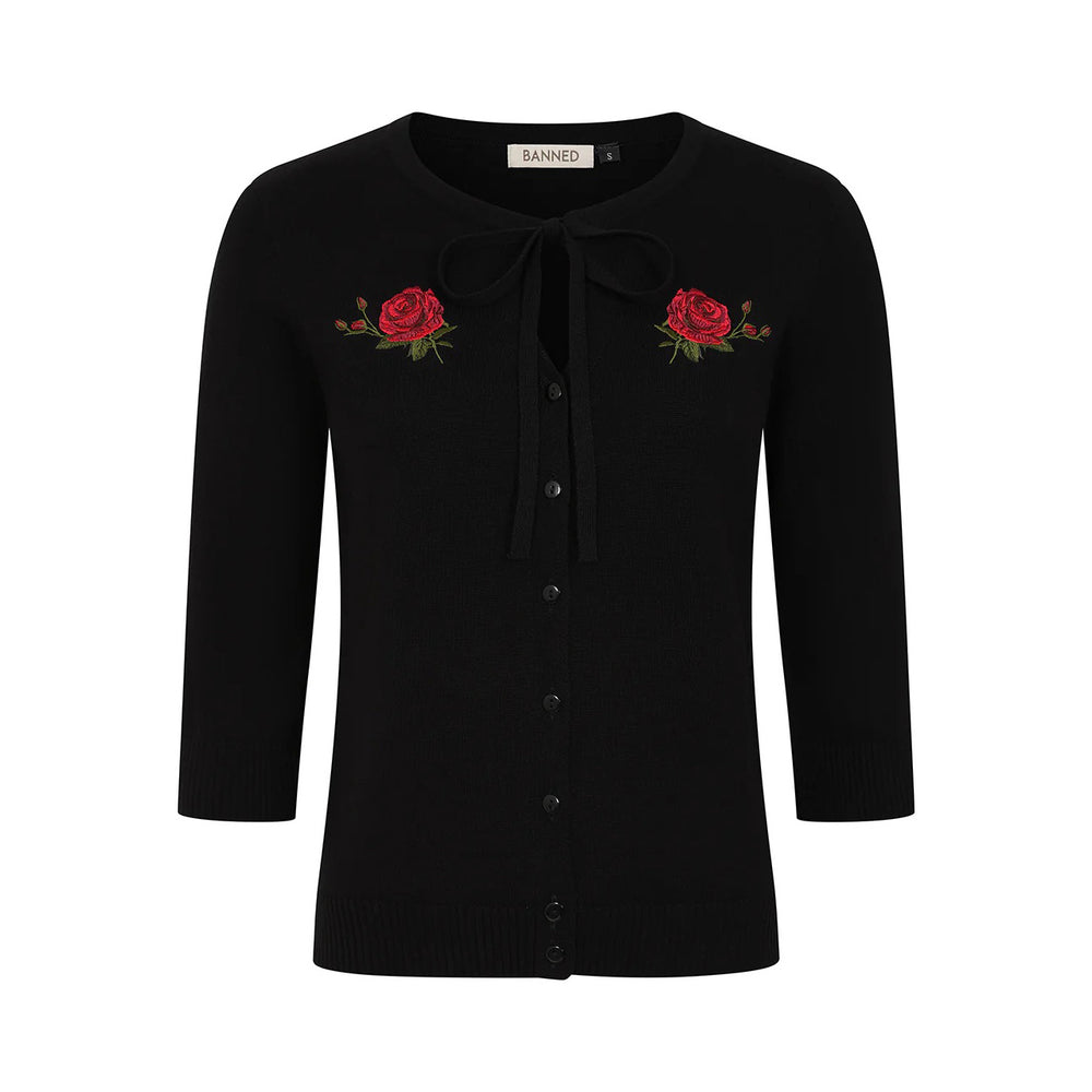 Black 3/4 Sleeve Rose Embroidered Cardigan