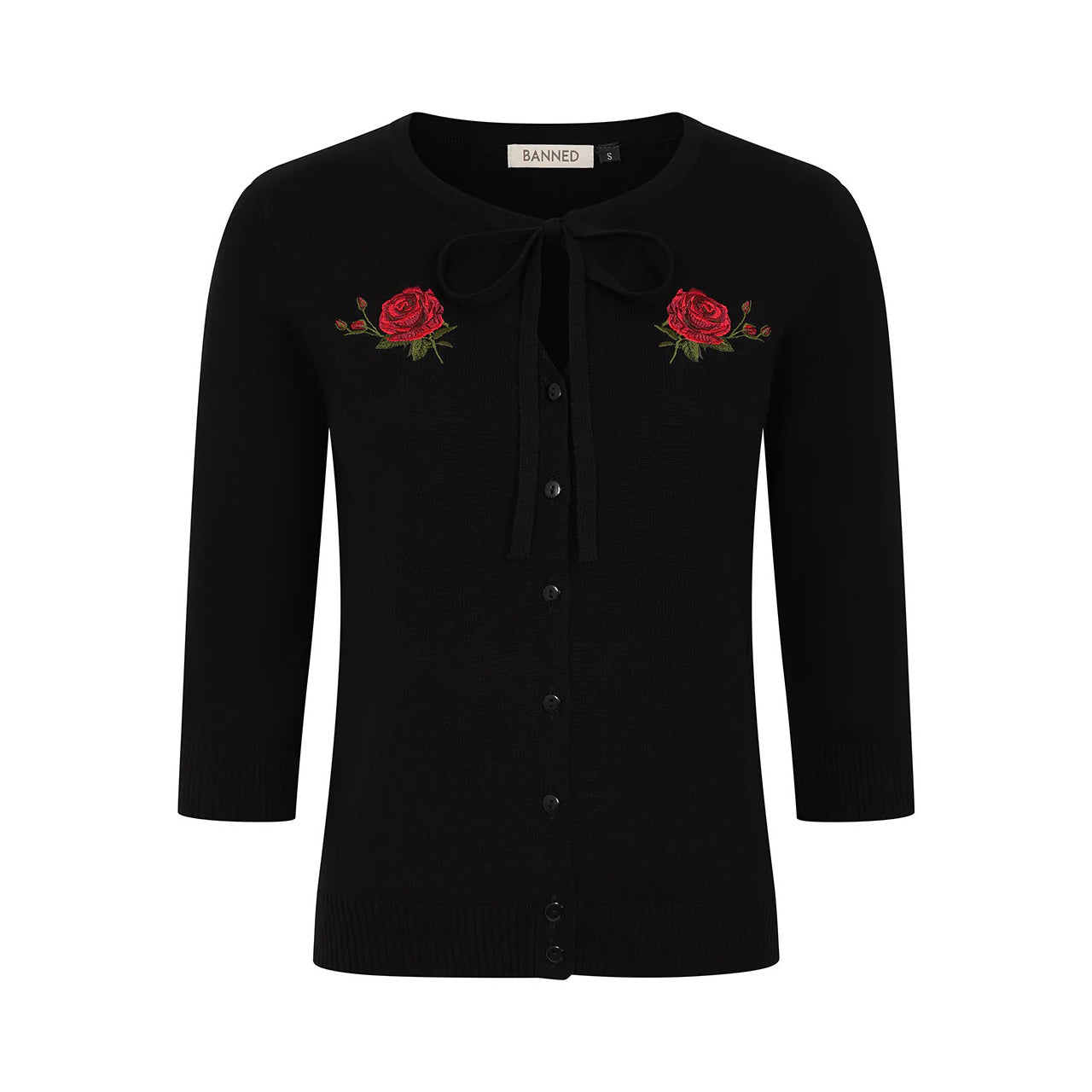 Black 3/4 Sleeve Rose Embroidered Cardigan