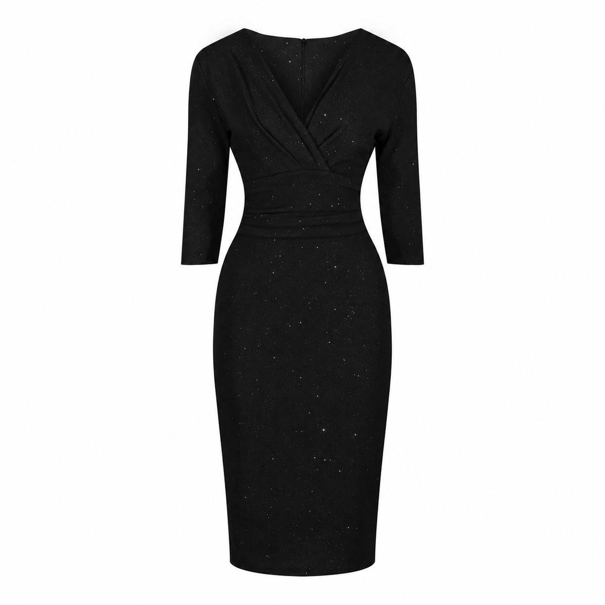 1950s Inspired Black Silver Glitter Wiggle Pencil Dress Ruched V Neck 3/4 Sleeves UK Made