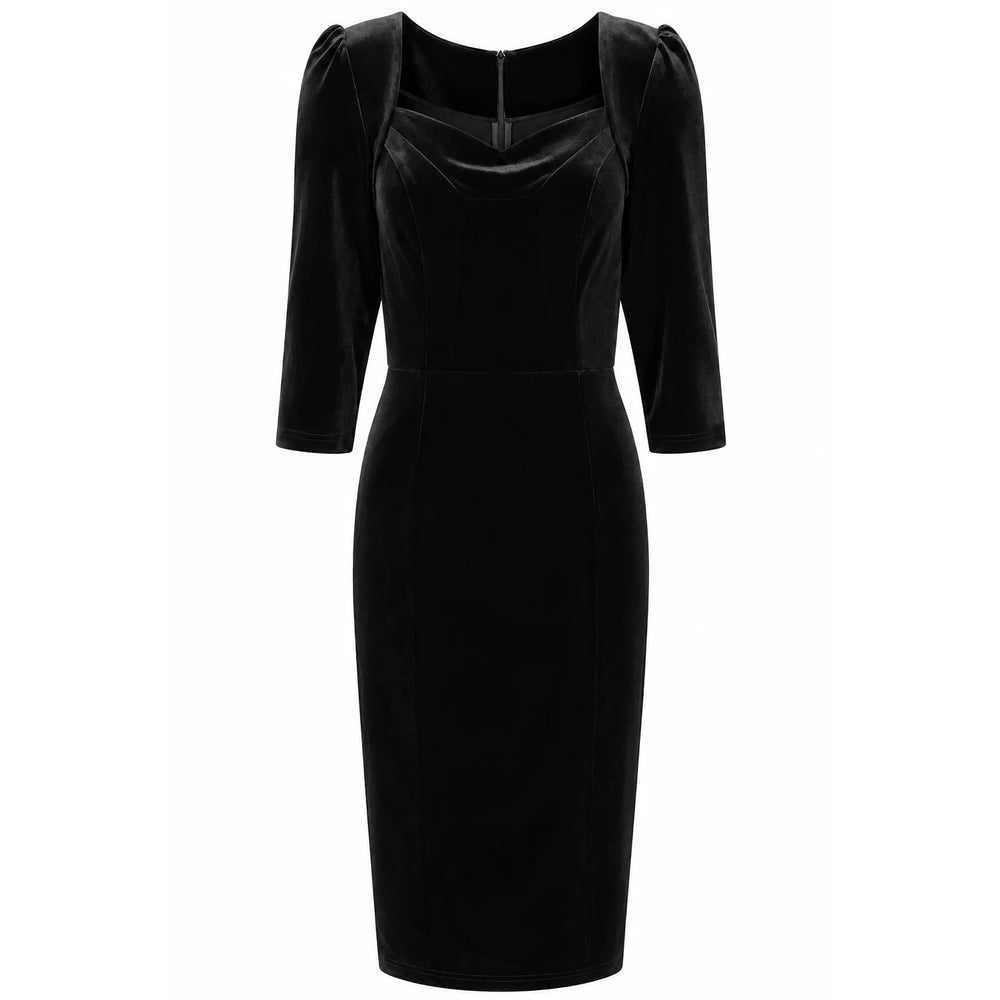 1950s Style Black Velvet Wiggle Dress Sweetheart Neck