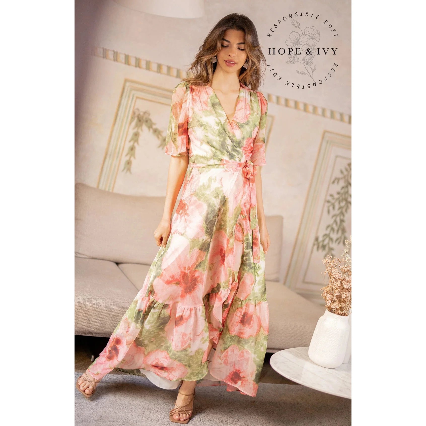 Hope & Ivy Pink & Green Floral Print Flutter Sleeve Maxi Wrap Dress