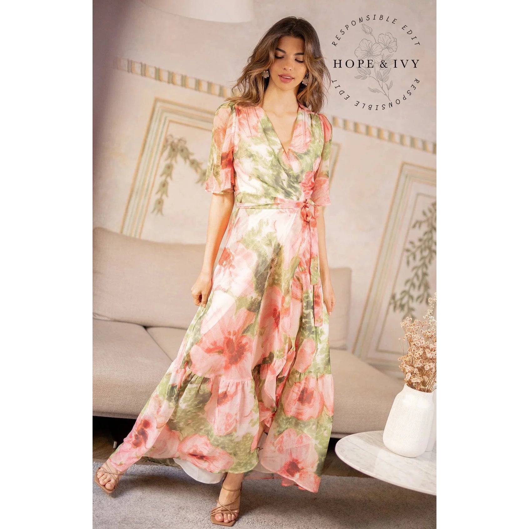 Hope & Ivy Pink & Green Floral Print Flutter Sleeve Maxi Wrap