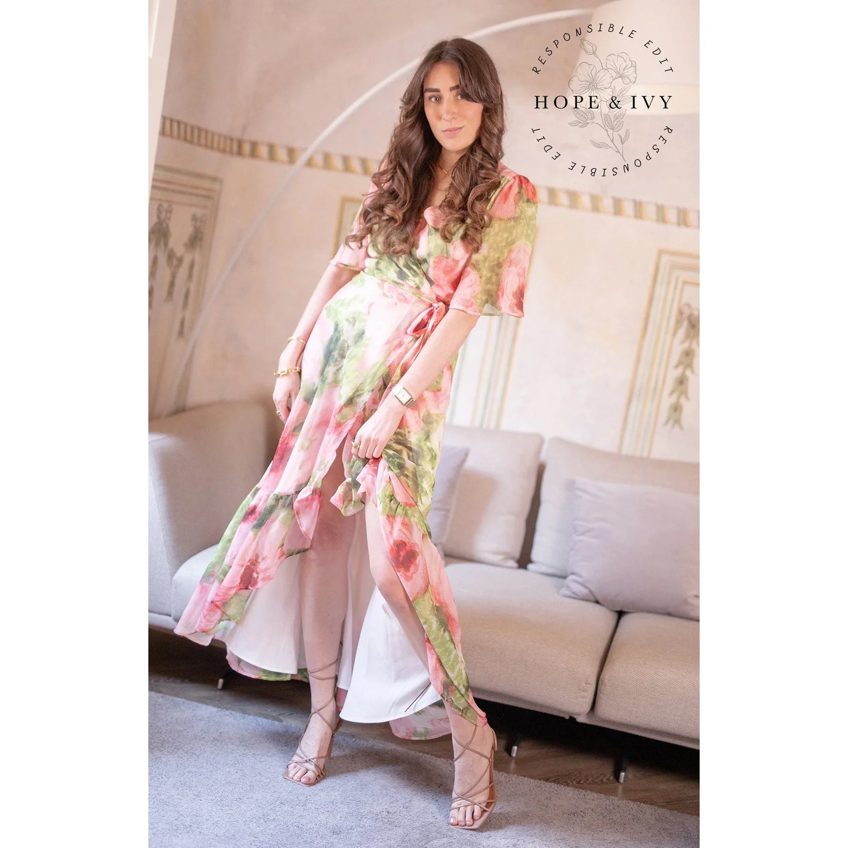 Hope & Ivy Pink & Green Floral Print Flutter Sleeve Maxi Wrap