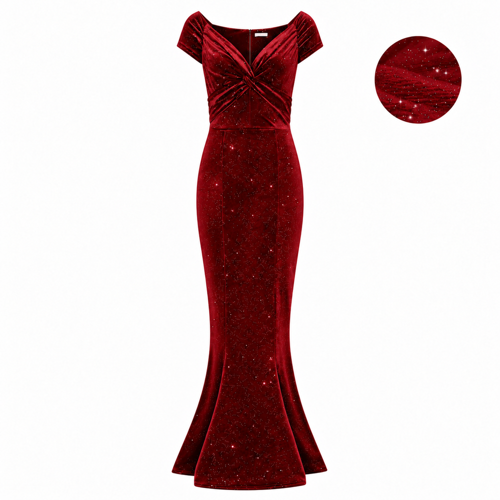 Wine Red Diamante Glitter Sparkle Cap Sleeve Twist Bust Fishtail Hem Maxi Dress
