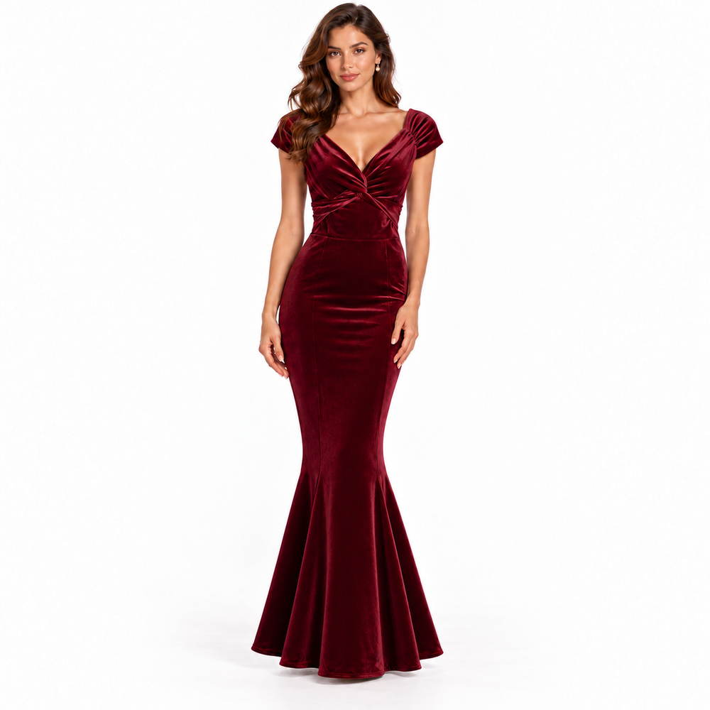 Claret Red Cap Sleeve Twist Bust Fishtail Hem Velour Maxi Dress