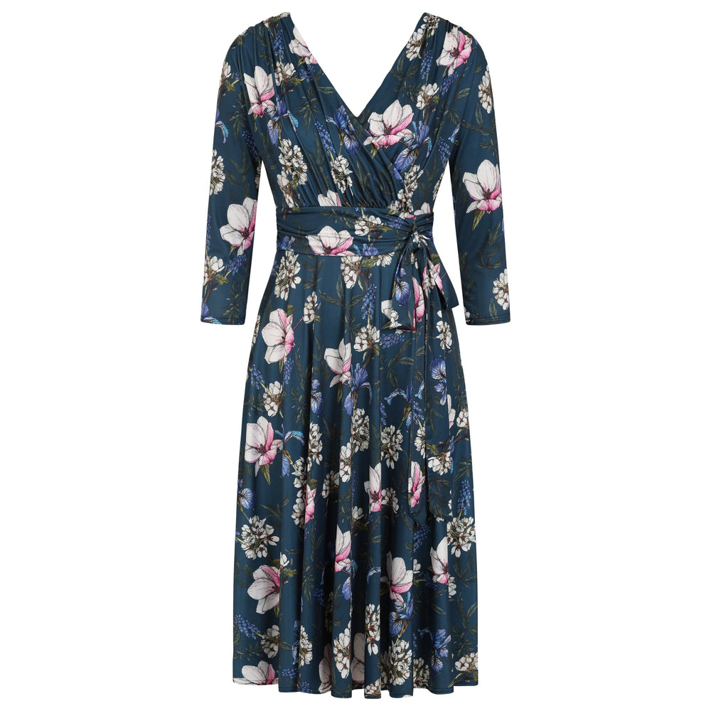 Mid Navy Blue Floral 3/4 Sleeve V Neck Crossover Top Empire Waist Tea Dress