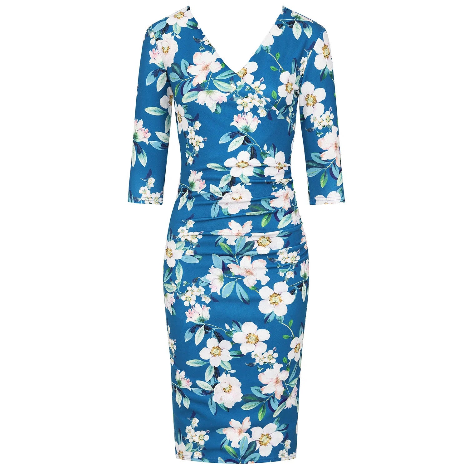 Teal Floral Print 40s 3/4 Sleeve Wiggle Wrap Dress