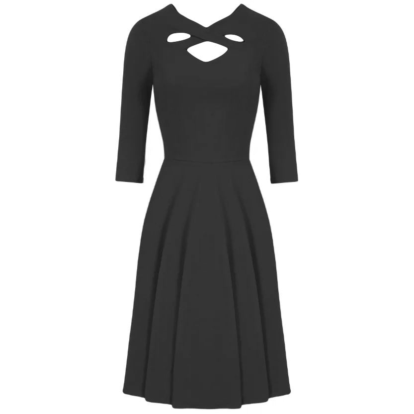 Black Cut Out Neckline 3/4 Sleeve 50s Swing Dress