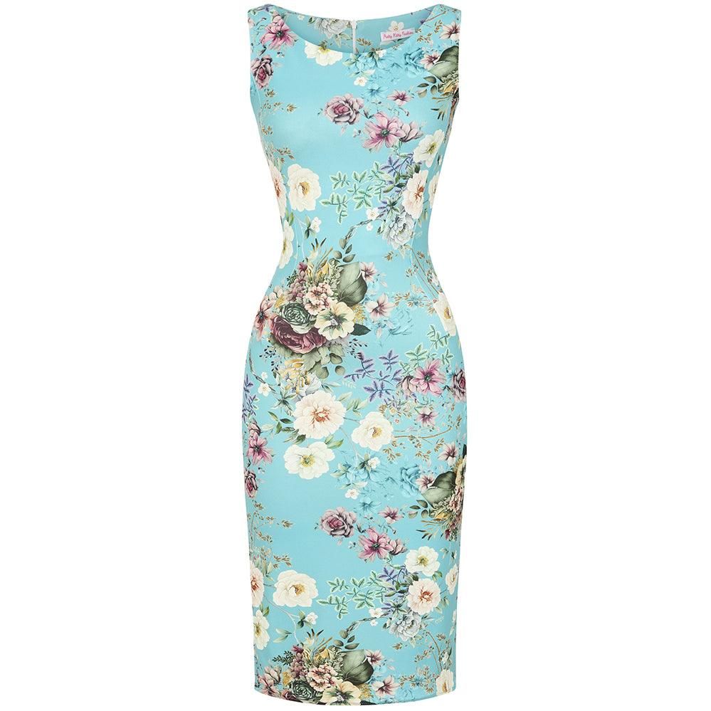 Blue Floral 40s Bodycon Sleeveless Hollywood Wiggle Dress
