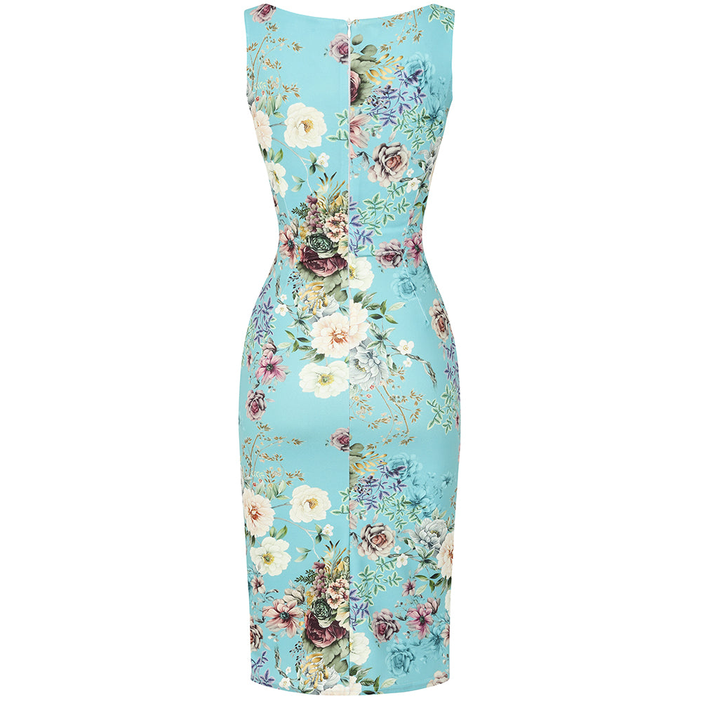 Blue Floral 40s Bodycon Sleeveless Hollywood Wiggle Dress