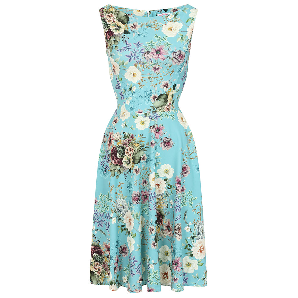 Blue Floral Audrey Hepburn Style Sleeveless 50s Swing Dress With Boat Neckline