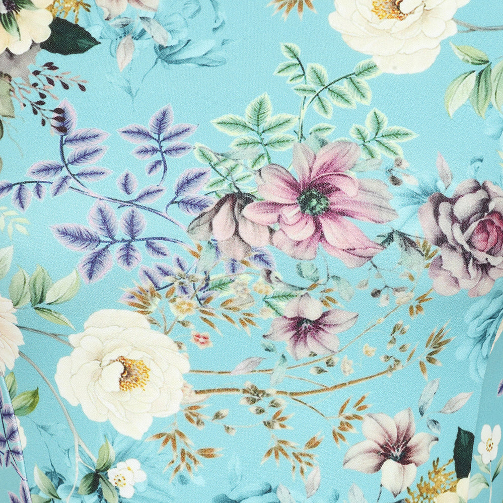 Blue Floral Audrey Hepburn Style Sleeveless 50s Swing Dress With Boat Neckline
