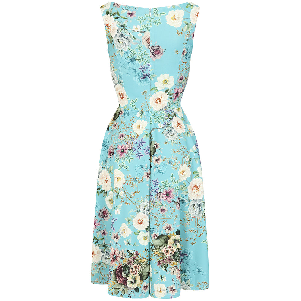 Blue Floral Audrey Hepburn Style Sleeveless 50s Swing Dress With Boat Neckline
