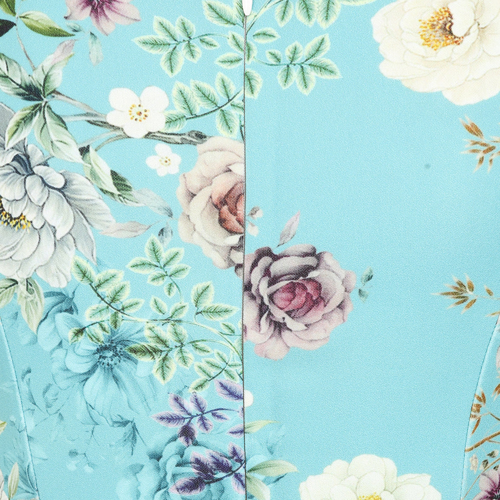 Blue Floral Audrey Hepburn Style Sleeveless 50s Swing Dress With Boat Neckline