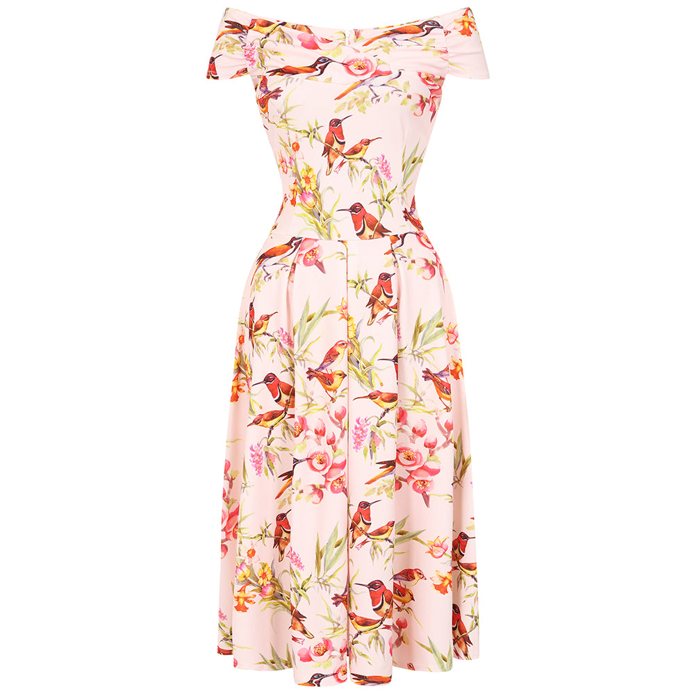 Pink Floral and Bird Print Cap Sleeve Crossover Bardot Neckline 50s Swing Dress