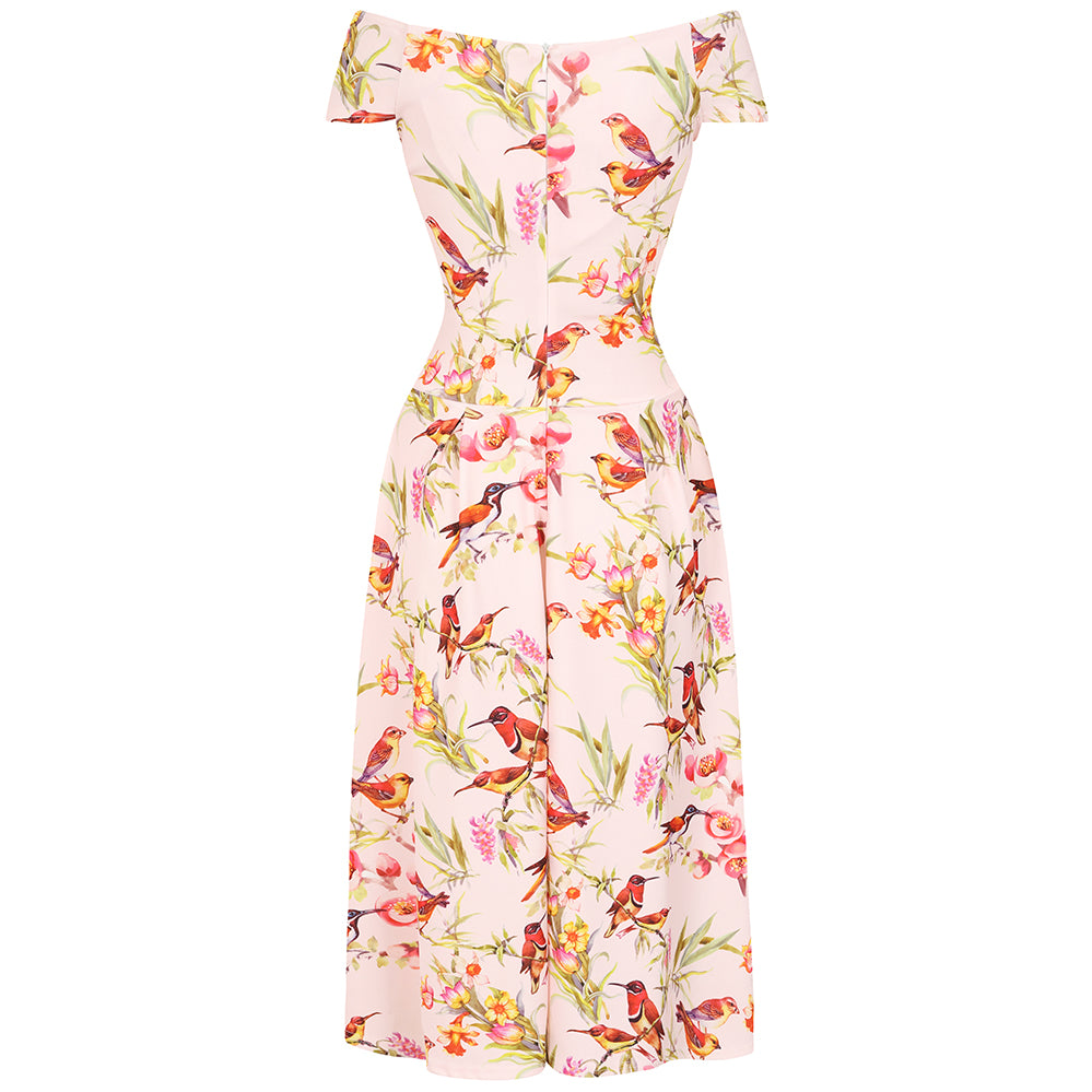 Pink Floral and Bird Print Cap Sleeve Crossover Bardot Neckline 50s Swing Dress