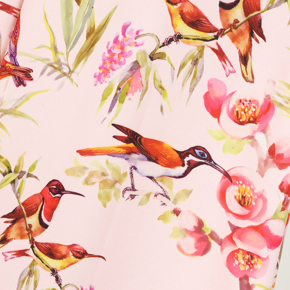 Pink Floral and Bird Print Cap Sleeve Crossover Bardot Neckline 50s Swing Dress