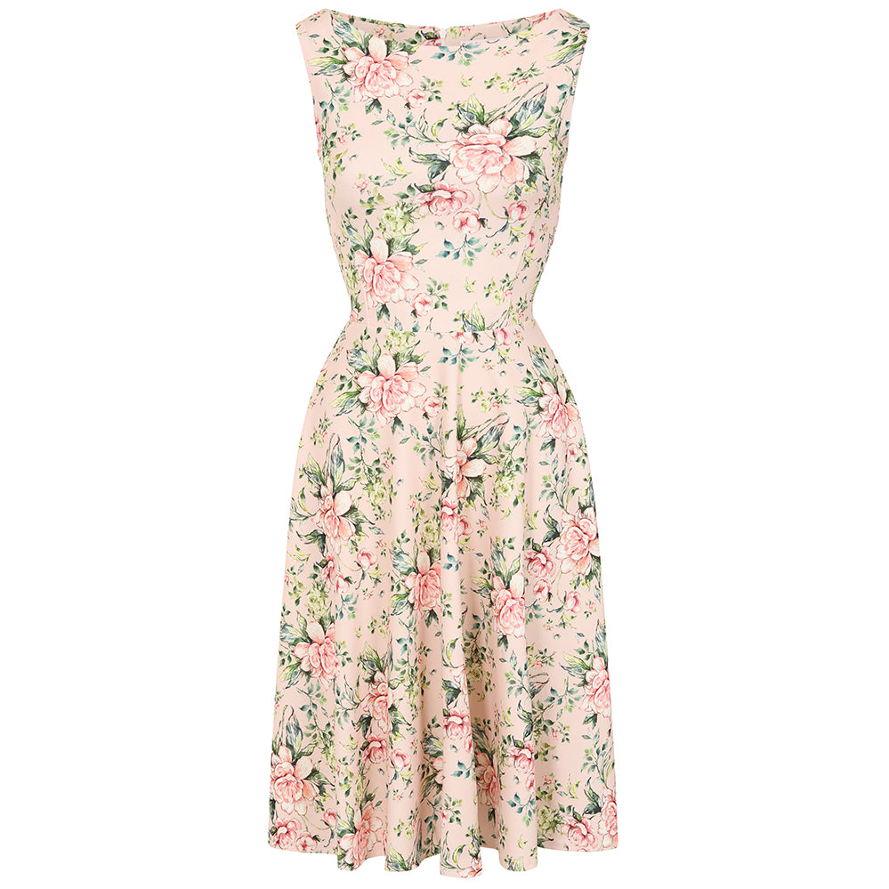 Vintage Pink Floral Audrey Hepburn Style Sleeveless 50s Swing Dress