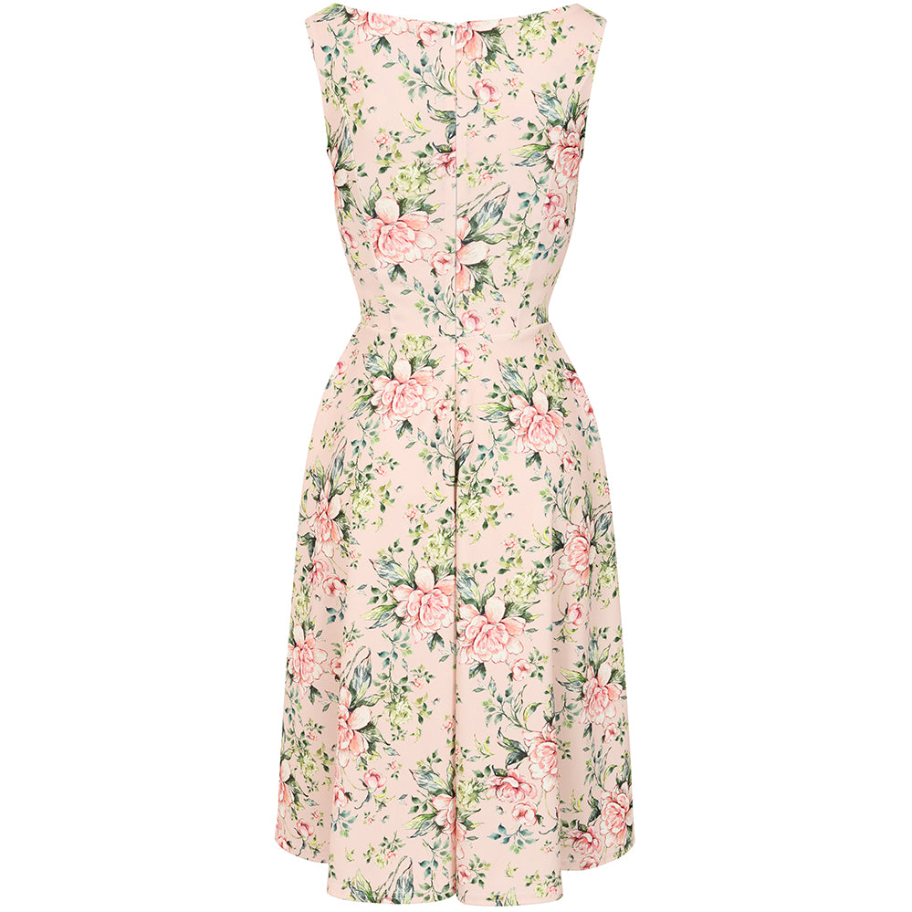 Vintage Pink Floral Audrey Hepburn Style Sleeveless 50s Swing Dress