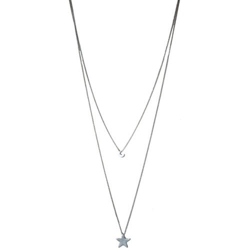 Silver Moon And Star Layered Pendant Necklace