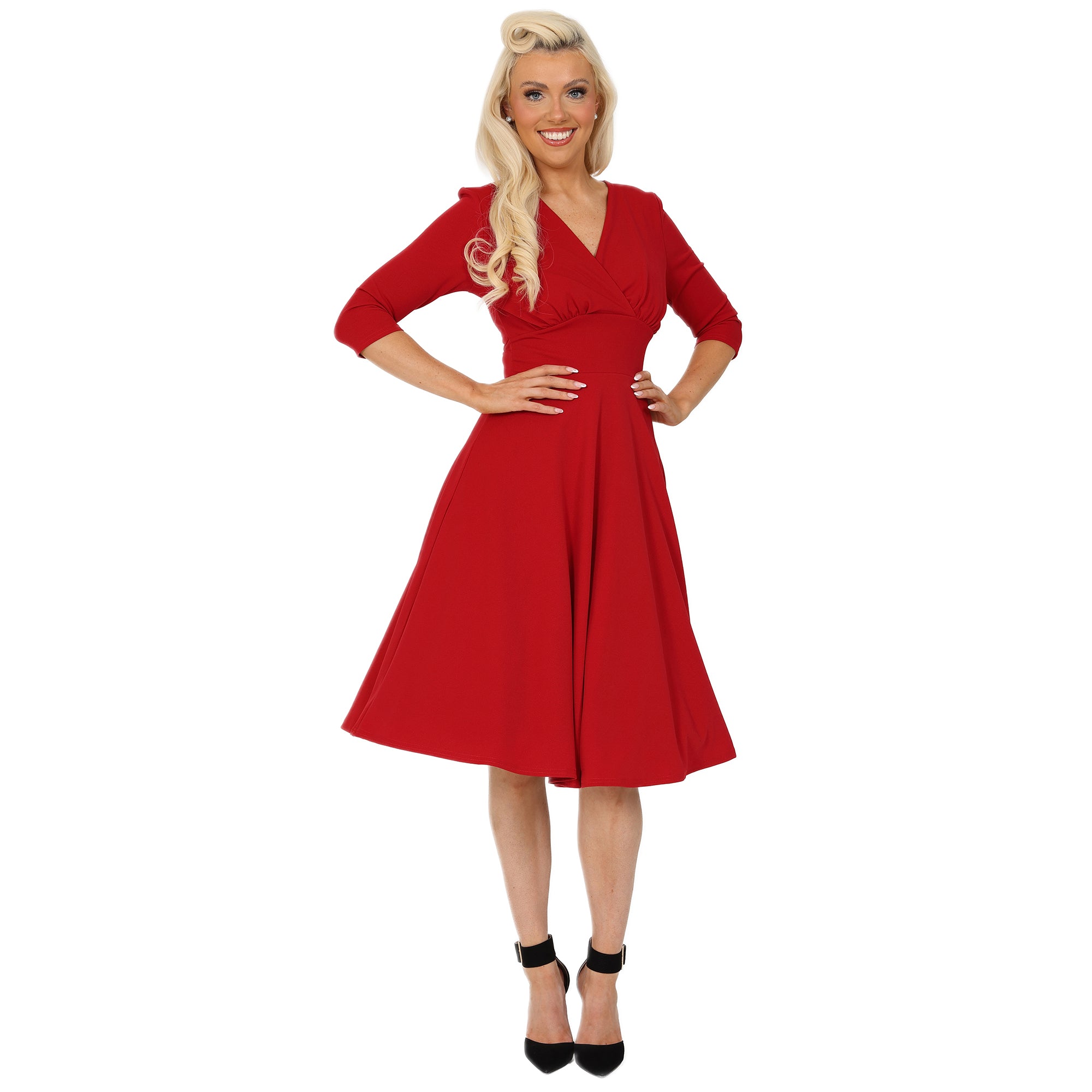 Red Vintage A Line Crossover 3/4 Sleeve Tea Swing Dress