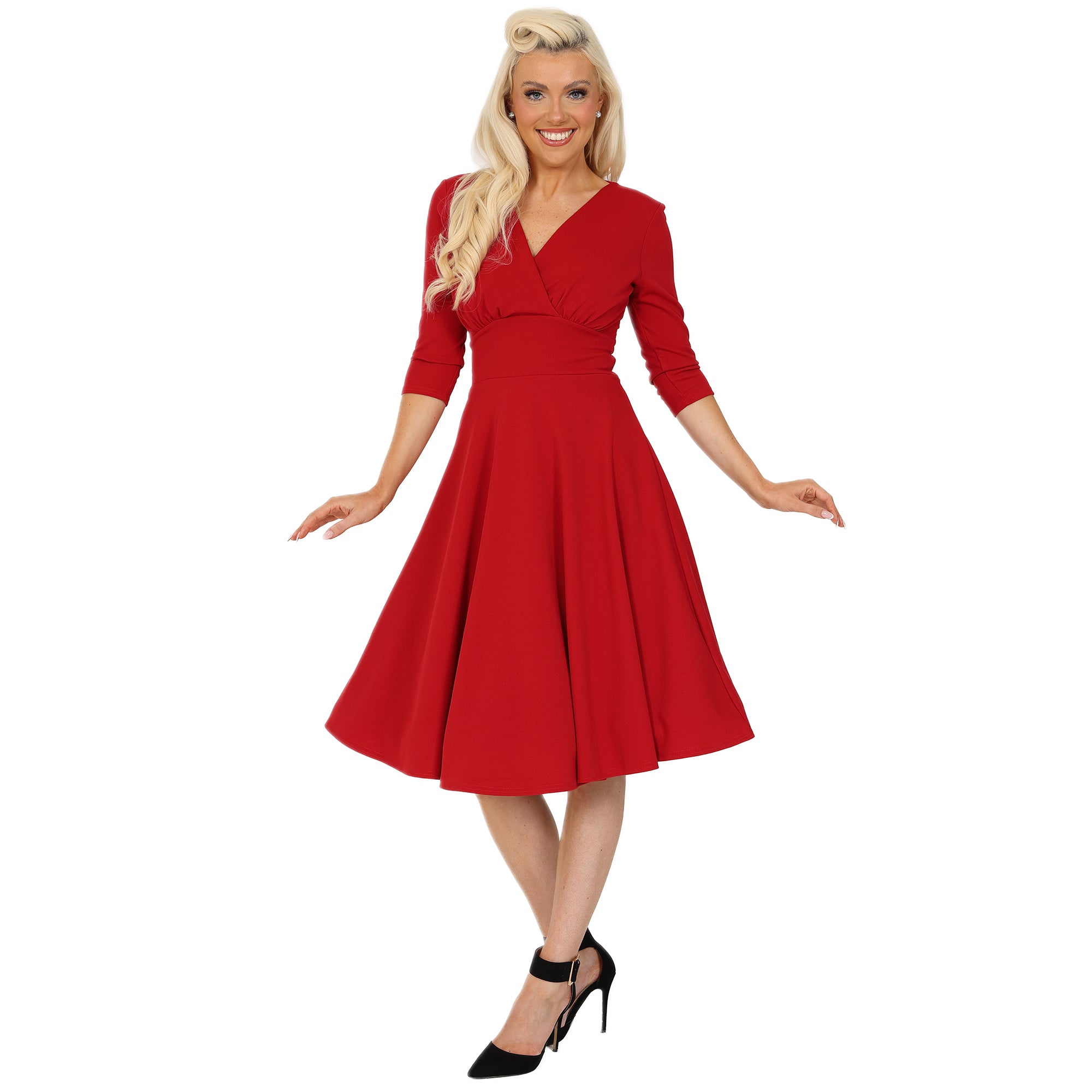 Red Vintage A Line Crossover 3/4 Sleeve Tea Swing Dress