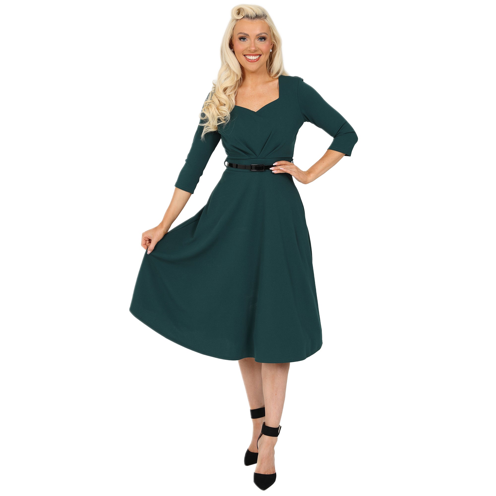 Forest Green 3/4 Sleeve Belted 50s Swing Dress