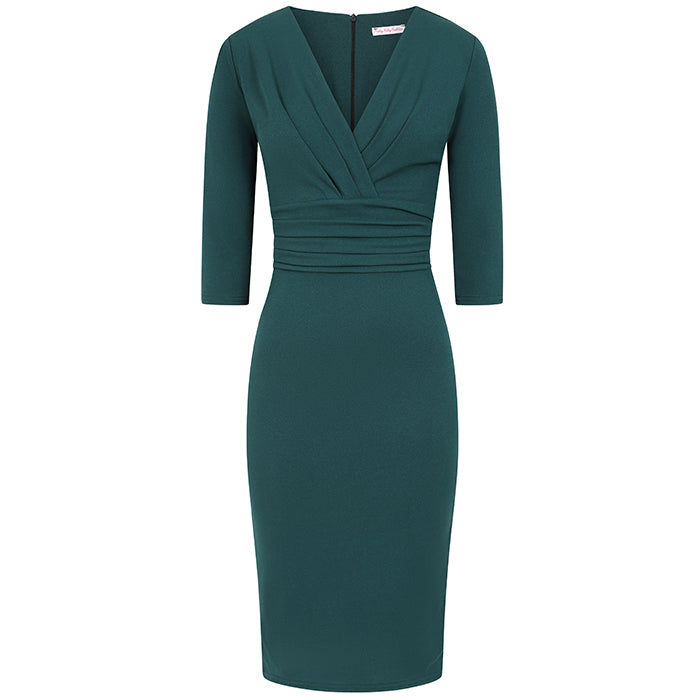 Forest Green 3/4 Sleeve Deep V Bodycon Ruched Waist Wiggle Dress