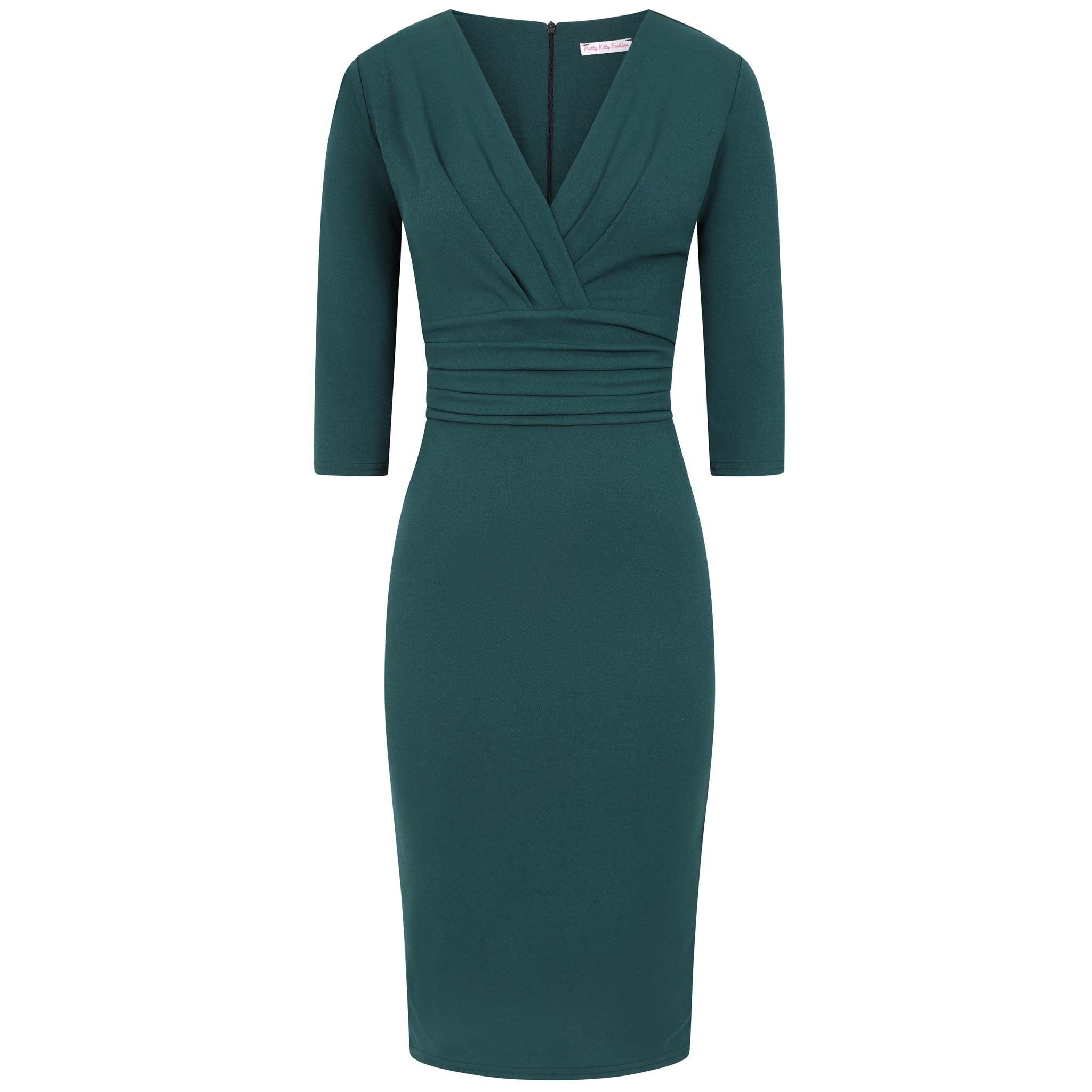 Forest Green 3/4 Sleeve Deep V Bodycon Ruched Waist Wiggle Dress