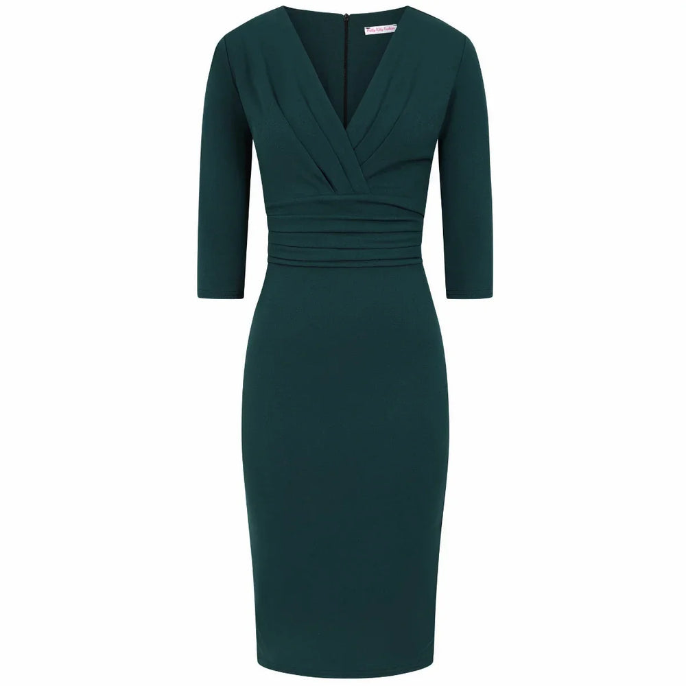 Forest Green 3/4 Sleeve Deep V Bodycon Ruched Waist Wiggle Dress