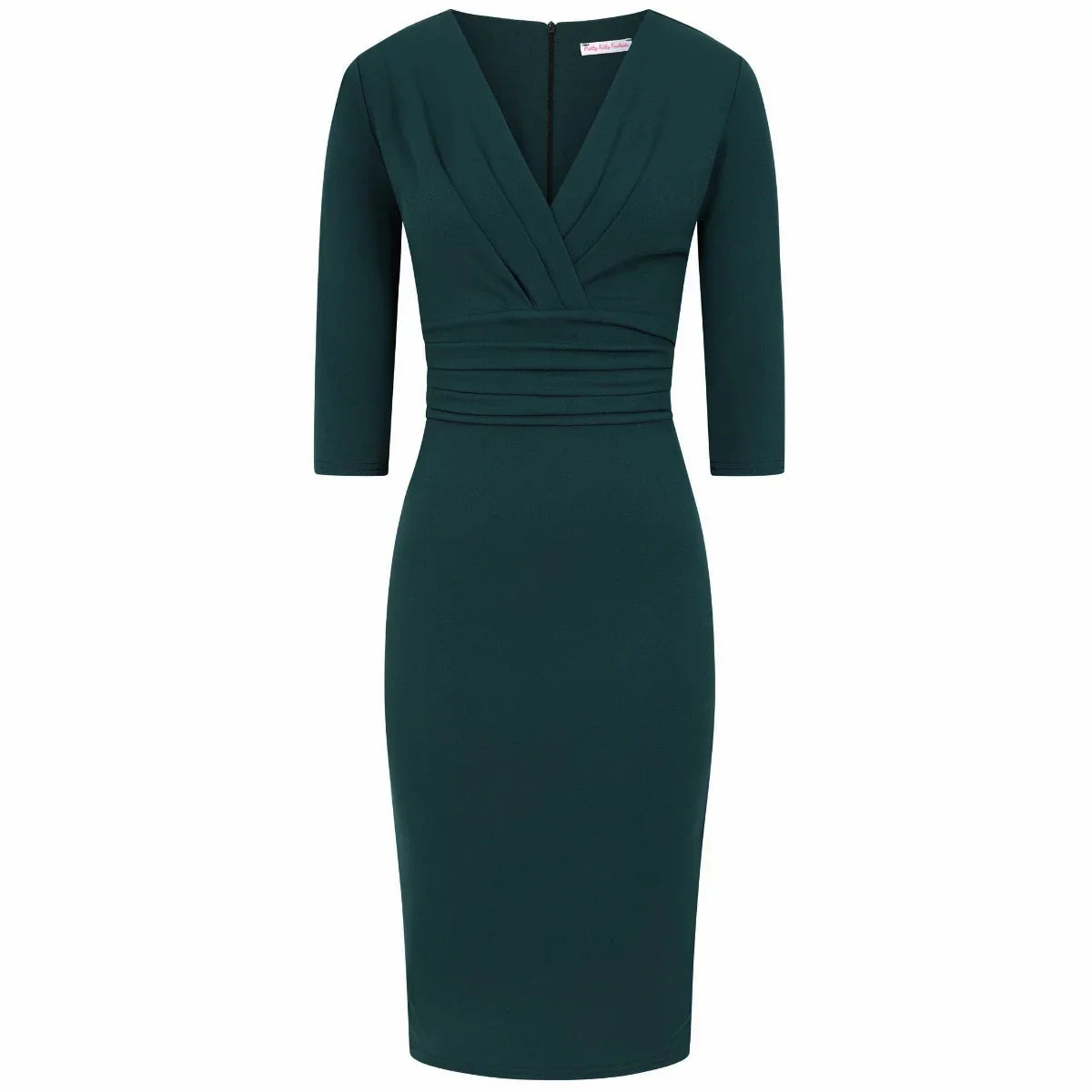 Forest Green 3/4 Sleeve Deep V Bodycon Ruched Waist Wiggle Dress